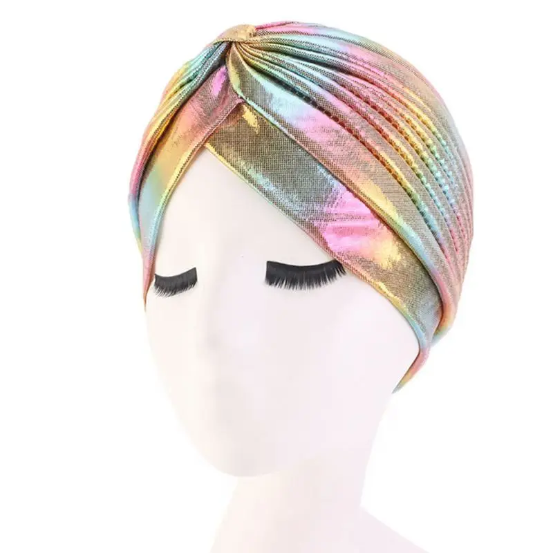 

Women Rainbow Metallic Arab Turban Hat Twisted Front Pleated Headwrap Glitter Beanie Muslim Hair Loss Chemo Cap