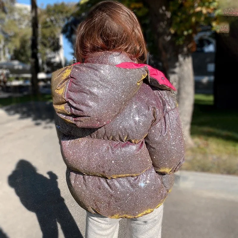 

Christmas Glitter Bubble Coat Women Coats and Jackets Parkas Winter Autumn Thick Warm Hooded Zipper Stand Collar Puffer Jacket