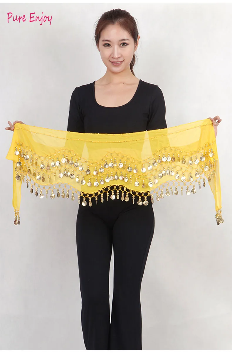 Belly Dance Waist Цепочка хип шарф шифон трехслойная волна золотая монета талия Индия