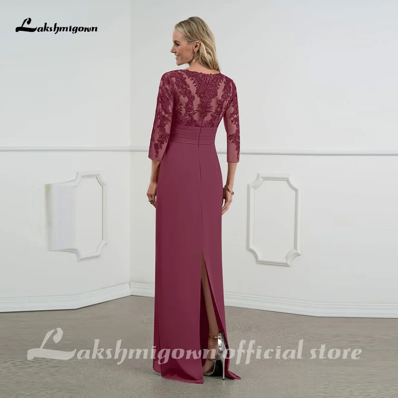 

Sheath Long Chiffon Lace Applique Three Quarter Sleeve Mother of the Bride Dresses V Neckline Wedding Party Gowns Back Slit