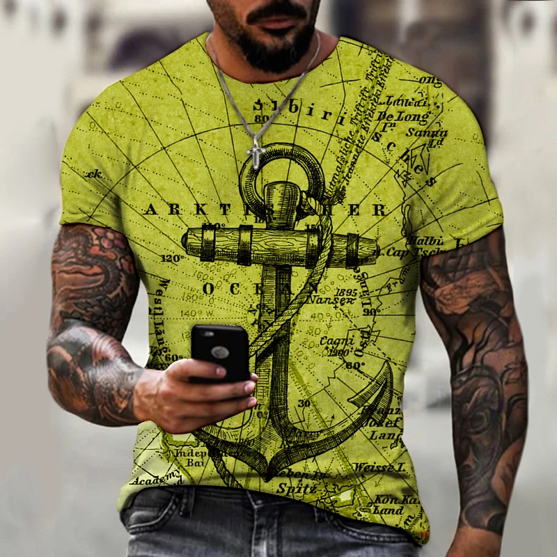 

2021 New Map Anchor Print Top Men Casual Fashion Oversize T-shirt Short Sleeve Streetwear Man Loose Tshirt Byck Brand Clothes