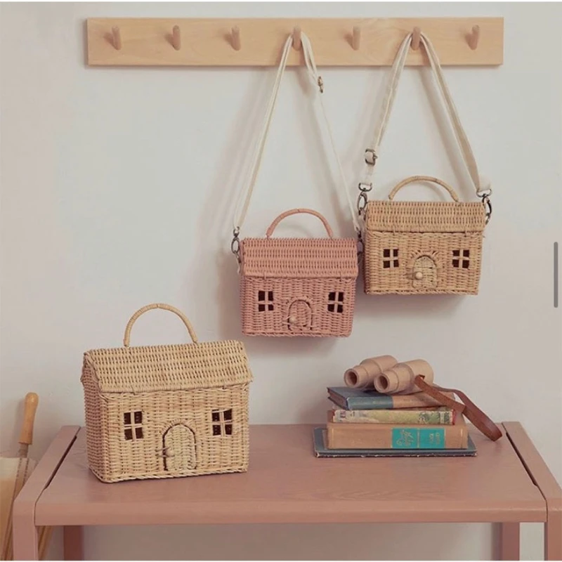 

Small House Shape Portable Messenger Bag Handmade Rattan Woven Storage Bag 4XFA