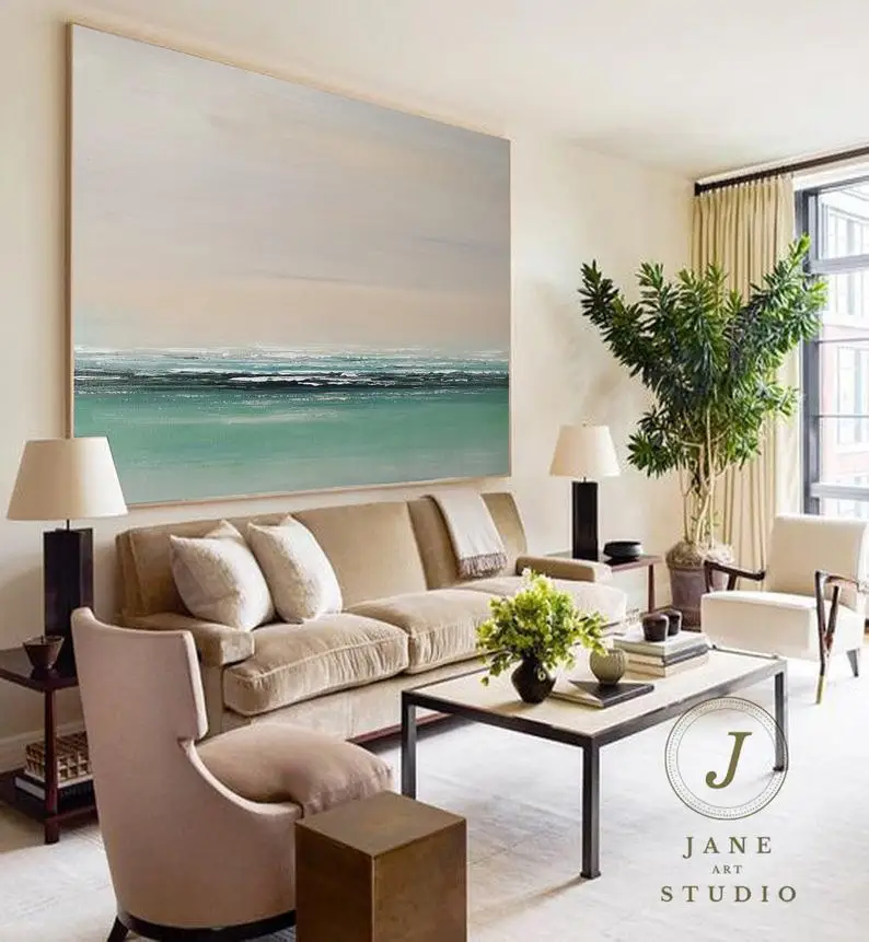 

Green Ocean,Beige Sky Landscape big Oil painting On Canvas,Original Sea Level Painting,Large Abstract Art,Sofa Wall Art Painting