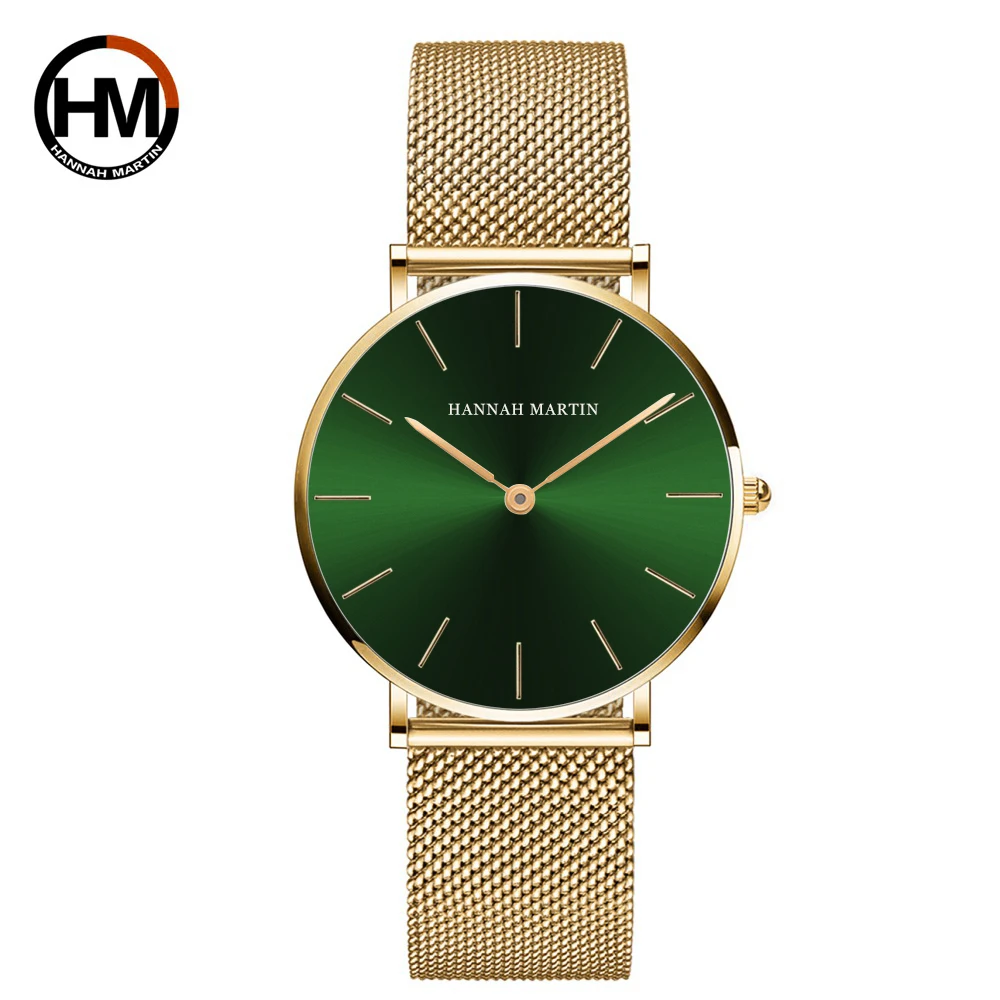 36mm New Green Face Gold Dial Japan Quartz Movement Ladies Wristwatches Stainless Steel Mesh Ultra thin Waterproof Women Watches