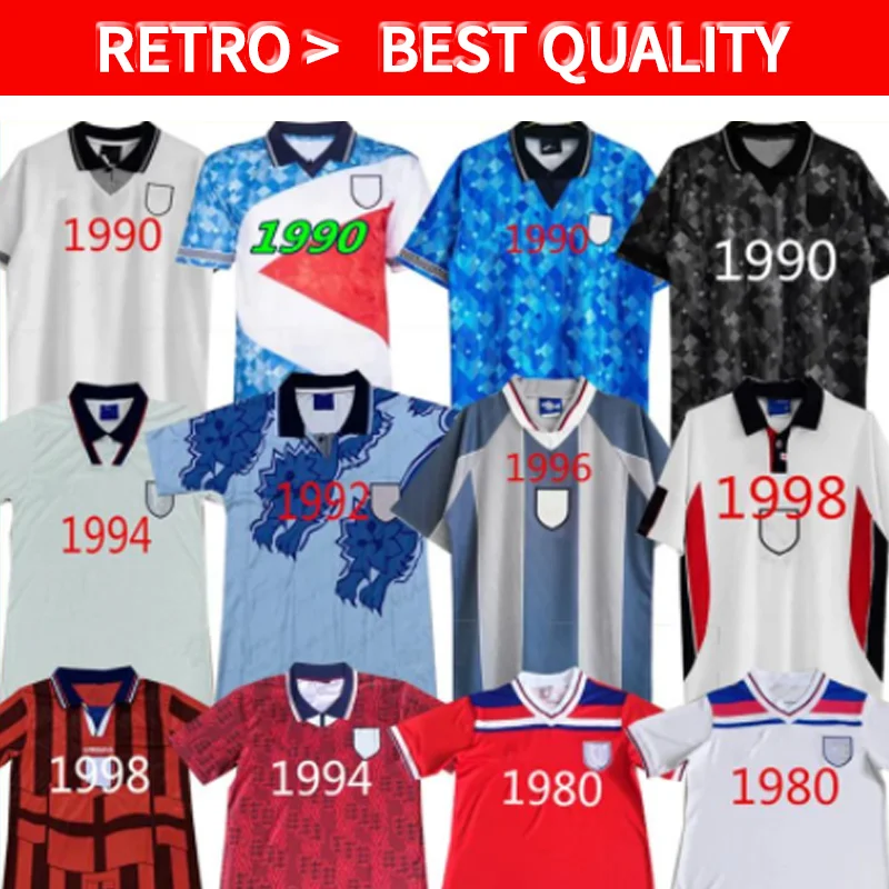 

England Retro Soccer Jersey 1989 1990 1992 1994 1996 1998 2002 2008 2010 Beckham White Men Classic Customization Soccer Jersey