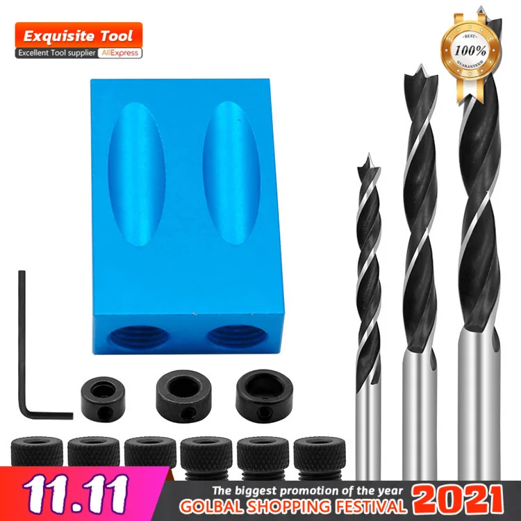 

15 Degree Angle Woodworking Inclined Hole Drilling Locator Pocket Drill Bit Set Guiding Device DIY Woodworking Tools Wood Jig