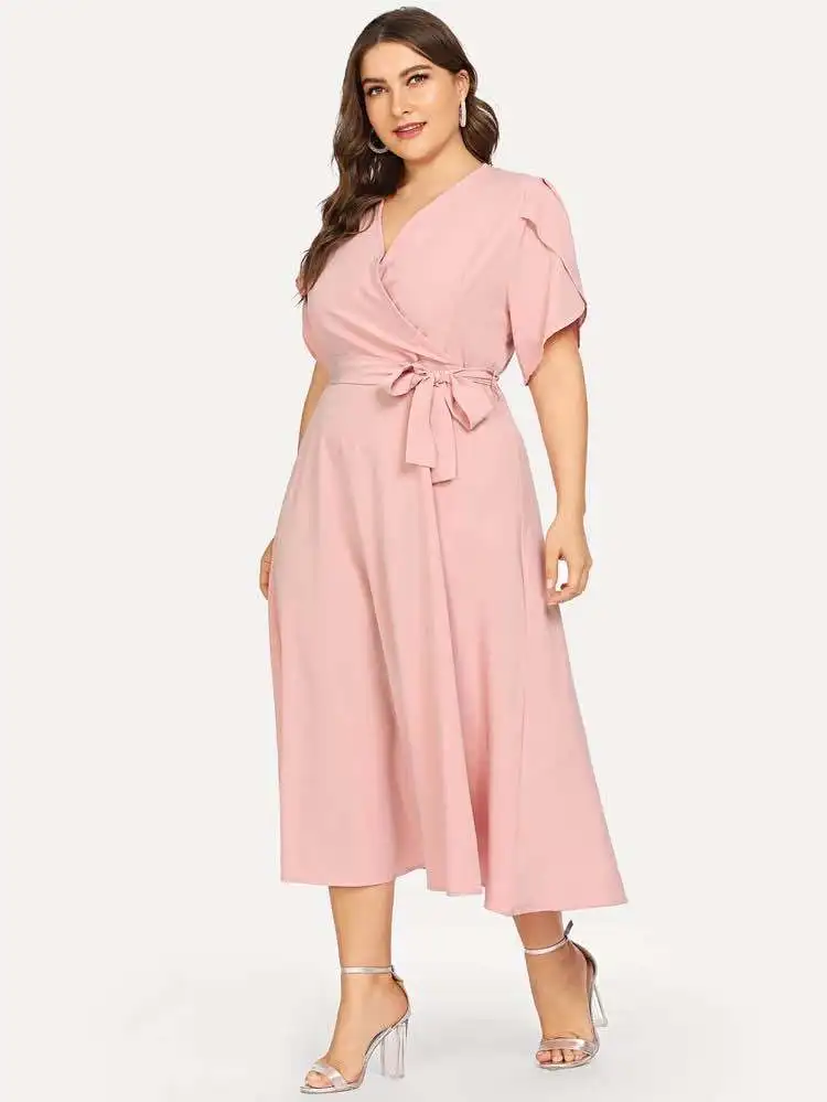 

Dresses For Women 2021 Plus Size 5XL Pure Color Short Sleeved V Neck Tie Pink Slim Calf Length Casual Party High Waist Elegant
