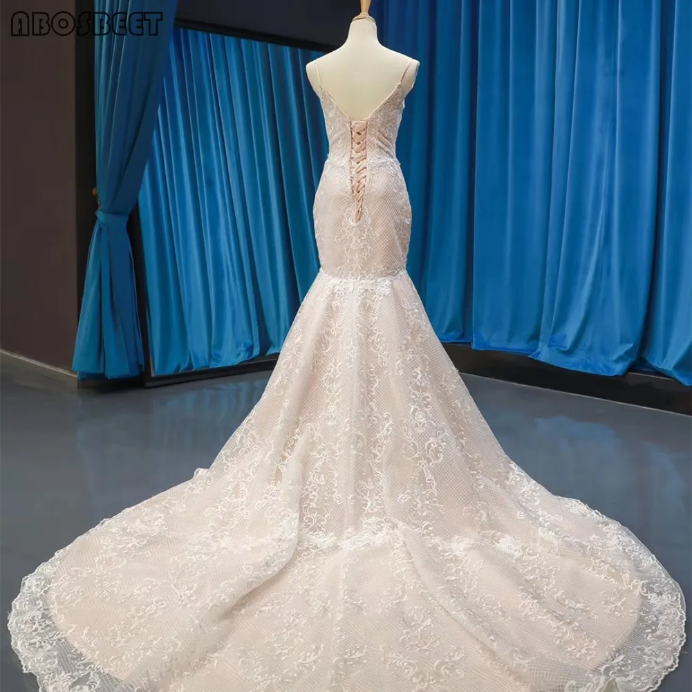 

Lace Mermaid Wedding Dress with Long Train Pink Lining Embroidery Lace Trumpet Wedding Gowns for Bridal 2021 Spaghetti Straps