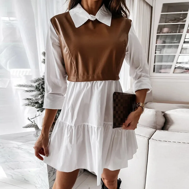 

2021 Spring Turn-down Collar PU Leather Dress Women Elegant Ruffle Party Dress Casual Long Sleeve Patchwork Mini Dress Vestidos