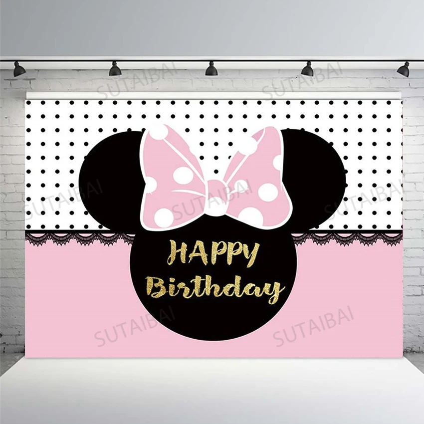 

Girl Mouse Backdrops Photography Pink Bow Lace Wave Dots Photo Background Photographic Backdrop Photo Studio Decorations Poster