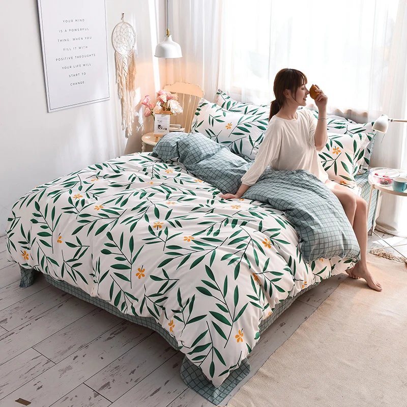 

Reactive Printed Flowers and Leaves Duvet Cover Fitted Sheet Pillowcase Single Full Queen Size Bedding Sets