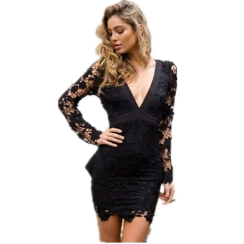 

streetwear fashion v-neck woman dress above knee mini lace sexy backless sheath slim empire solid comfortable female dress