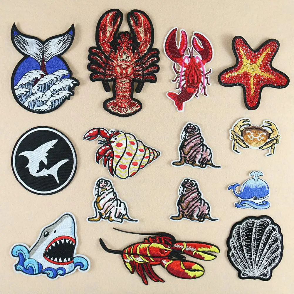 

2PC Cartoon Marine Animal Embroidery Badge Shark Starfish Crab Cloth Paste Back Glue DIY Patch Children Clothing Decor Accessory
