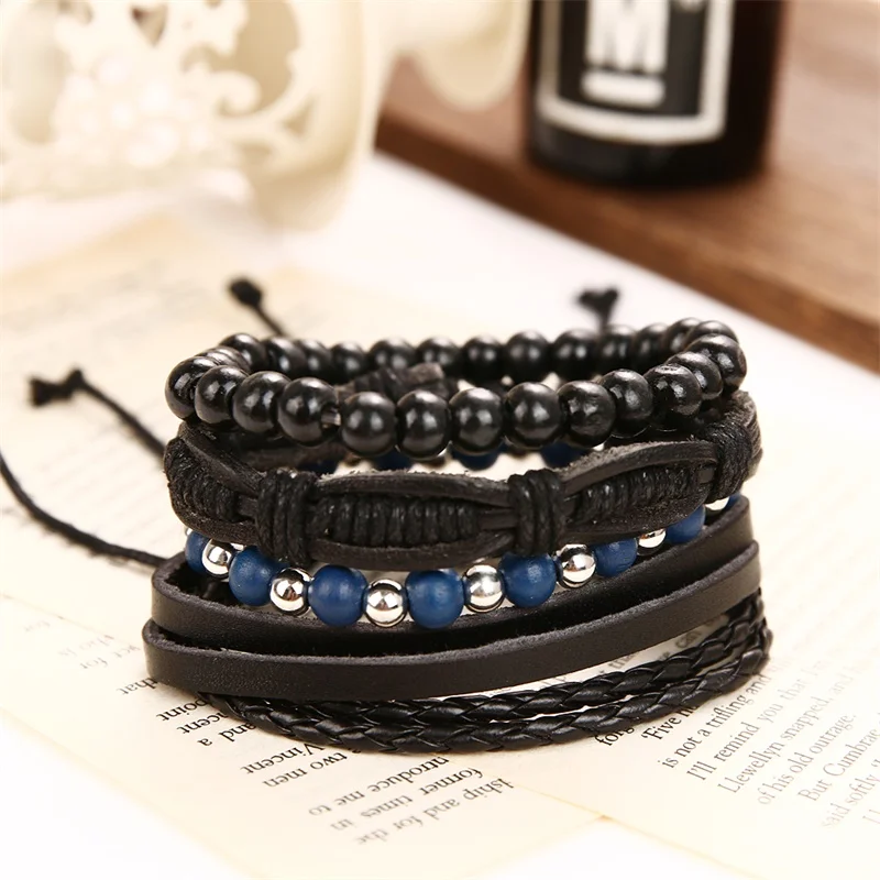 IFMIA богемные деревянные плетеные браслеты ручной работы, браслеты Pulsera для мужчин, винтажный многослойный синий кожаный браслет с бусинами, браслеты