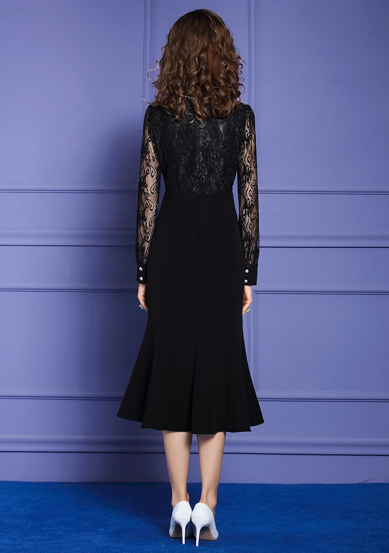 

Vestidos XXL Dress De Festa 2021 Spring Summer Party Cocktail Women Turn-down Collar Lace Patchwork Long Sleeve Mermaid Dress