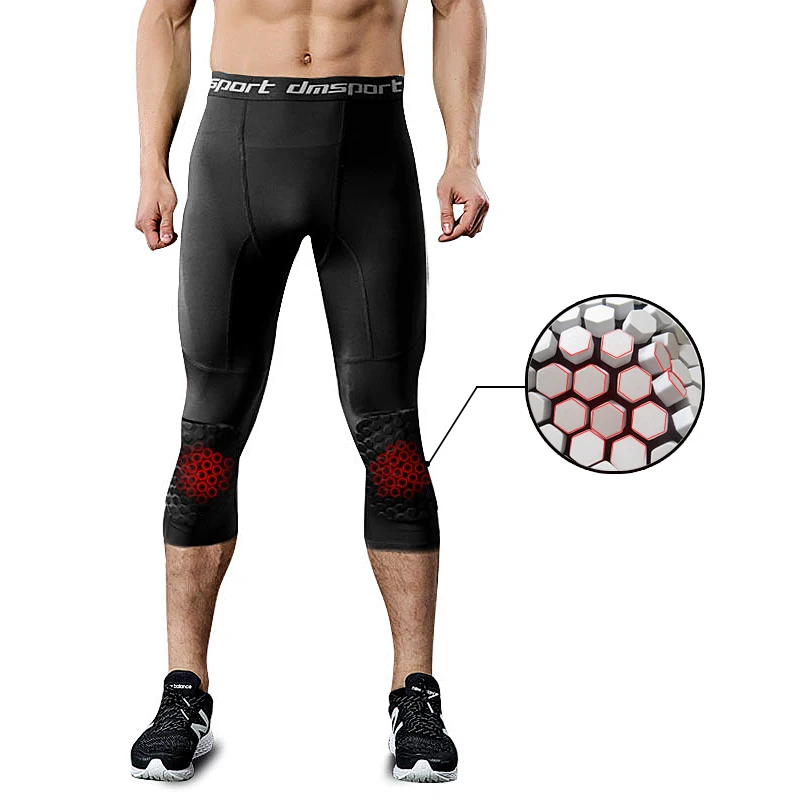 Men's Running Tight Pants With Honeycomb Anti-collision Knee Pads Sports Fitness Leggings Men Training Compression Pants 3/4