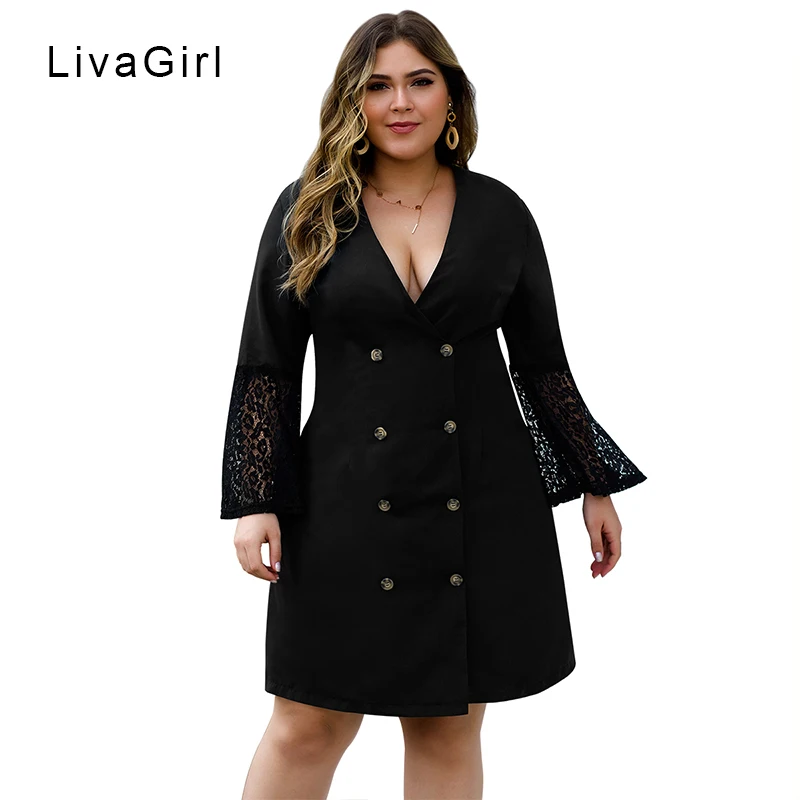 Плюс Размер vestido сексуальное кружевное двубортное пальто с v образным