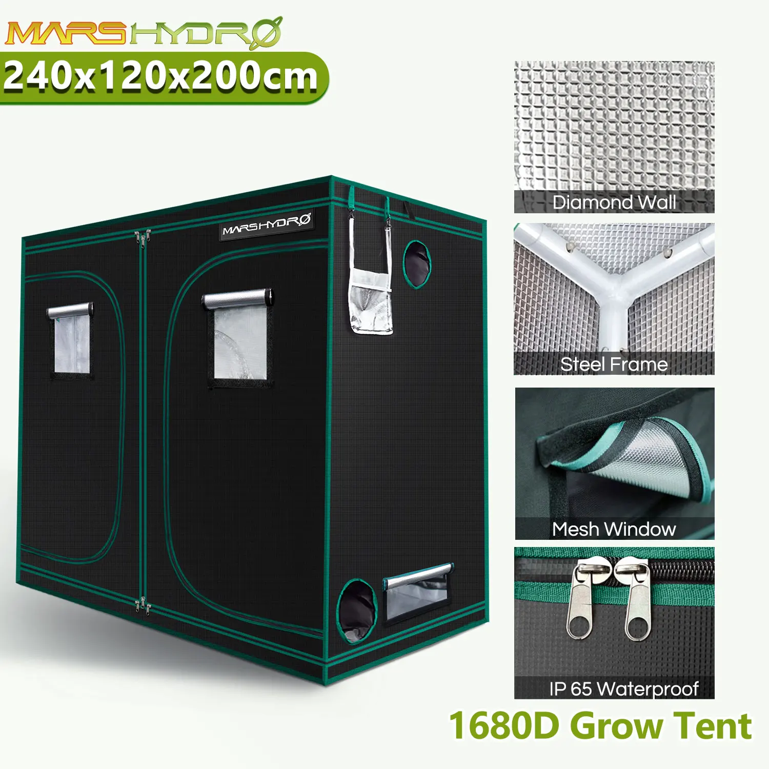 MarsHydro 240x120x200cm ( 96''x48''x80'') Indoor Grow Tent Hydroponic Growing green Room Box 100 Reflective Mylar silver dark