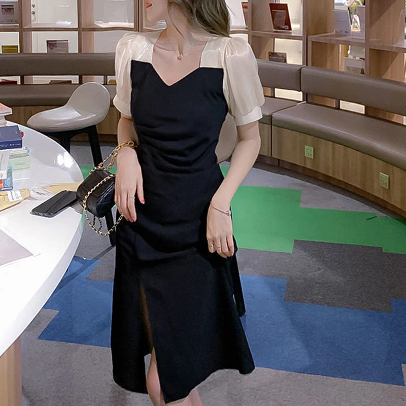 

Square Collar Splicing Folds Puff Sleeve A-line Dresses Women Retro Slim Black Mini Dress Woman Korean Fashion Dress Female 2021