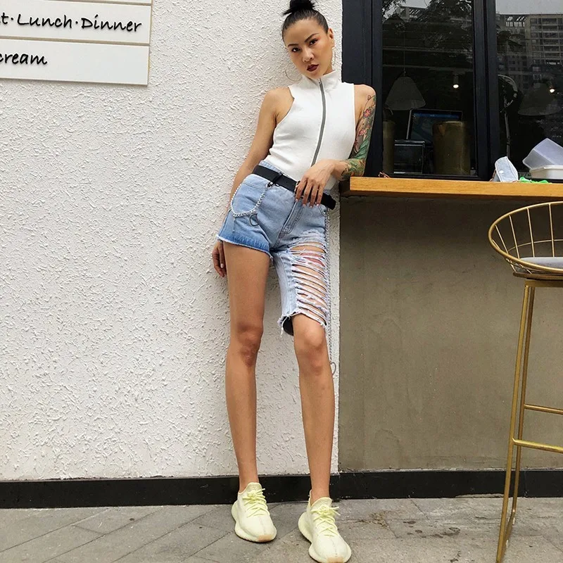 

GALCAUR Korean Blue Jeans Women High Waist Asymmetrical Ripped Hole Deisgner Female Streetwear Denim Shorts Fashion Summer 2020