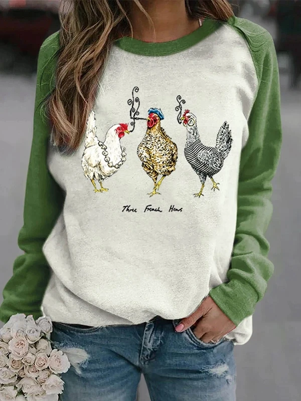 

X5XD Three chickens pattern printing round neck contrast long-sleeved sweater S-5XL
