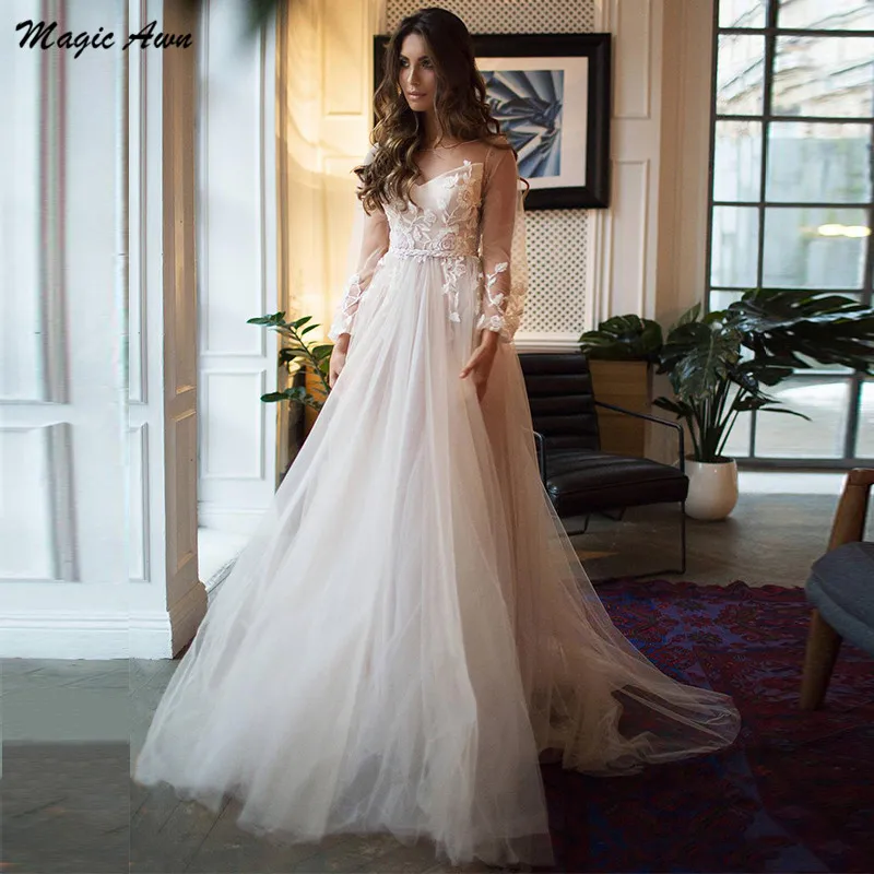 

Волшебное свадебное платье цвета шампанского, бохо, пышные рукава, иллюзия, Пляжное ТРАПЕЦИЕВИДНОЕ ПЛАТЬЕ с аппликацией, свадебные платья с...