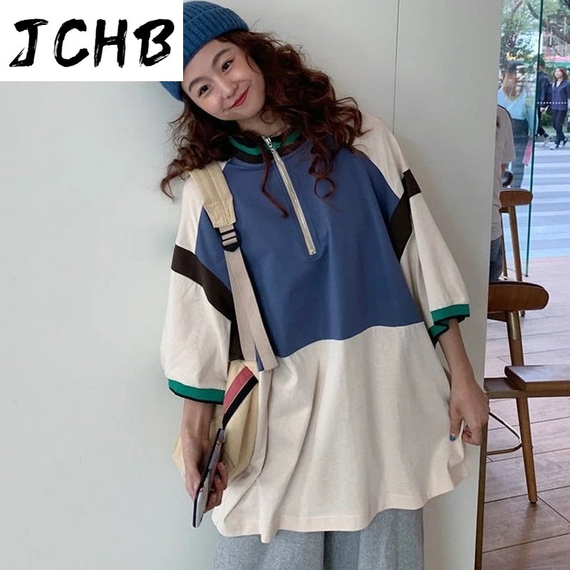 

2021 Vintage Half-sleeved t Shirt Summer Korean Causal Loose Cotton t Shirt Women Patchwork Aesthetic Top Harajuku New Camiseta