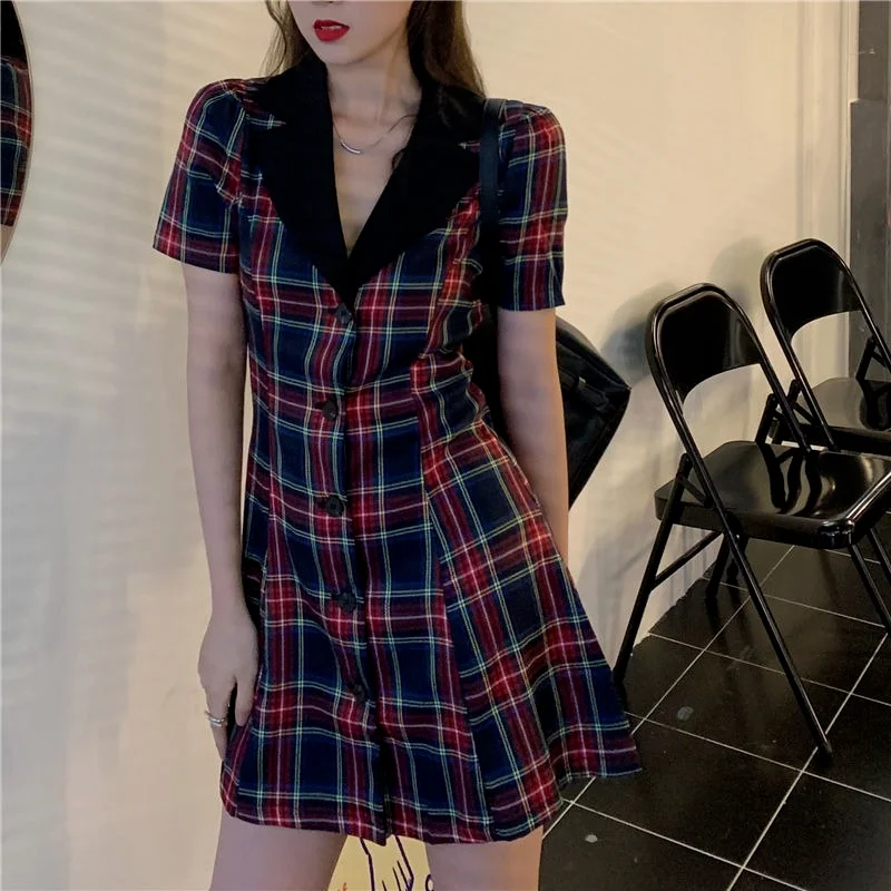 

Short Sleeve Dress Women Patchwork Teenager Aesthetic British Style Cozy Gentle Female Waist Turn-down Collar A-line Simple Chic