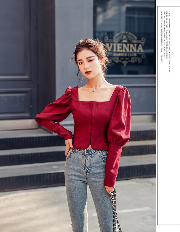 Весна 2020 Новая Винтажная Красная футболка с длинным рукавом и вырезом лодочкой