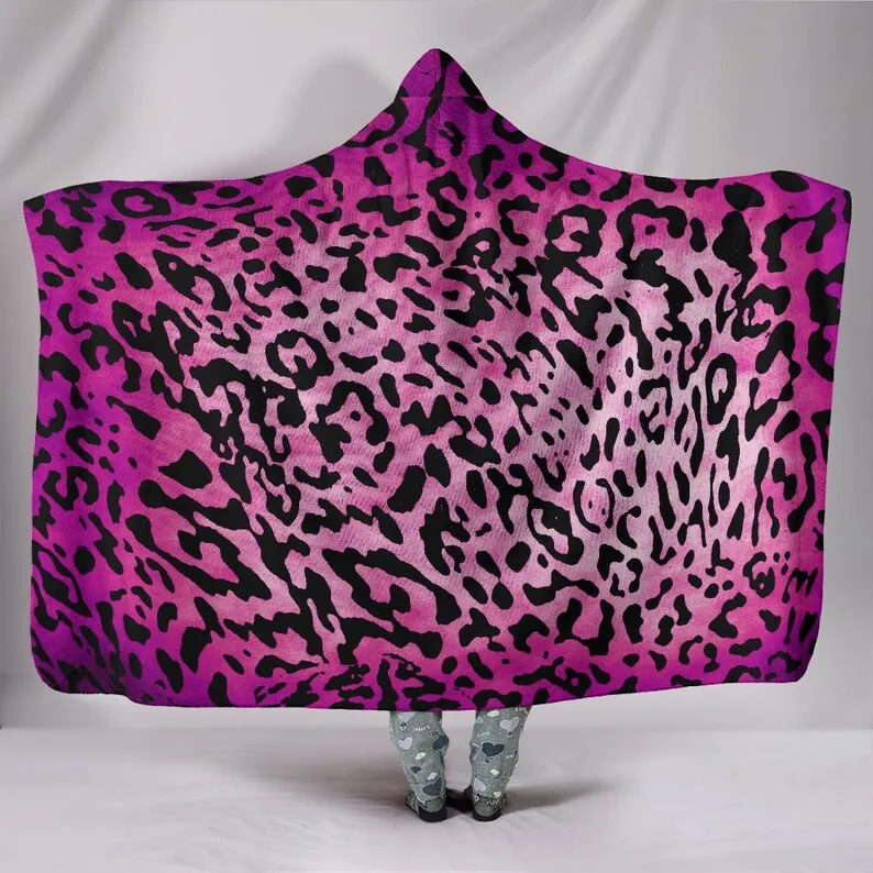 

Pink Purple Leopard Animal Print Hooded Blanket for Adults and Kids, Sherpa Blanket with a Hood, Soft Blanket