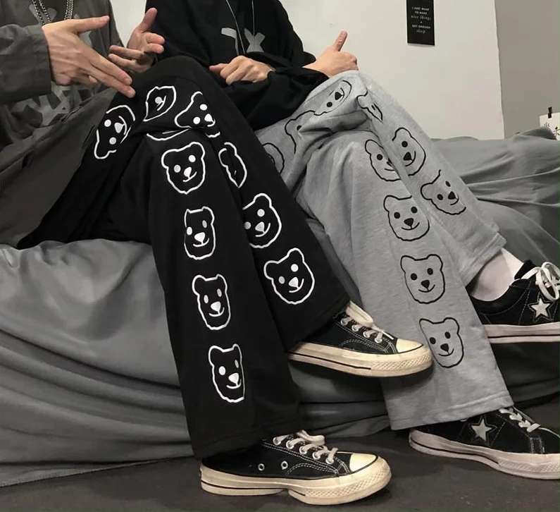 

Женские спортивные брюки, серые/черные широкие брюки с принтом медведя, свободные, повседневные, 2021