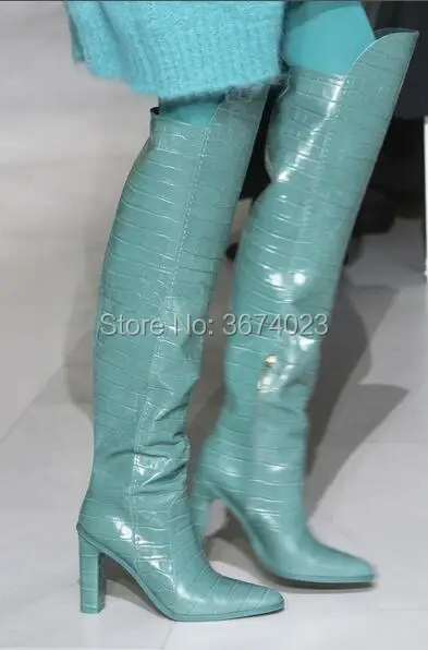 

Qianruiti Alligator Overknee Boots Fashion Show Embossed Leather High Heels Pointed Toe High Heels Crocodile Boots Women