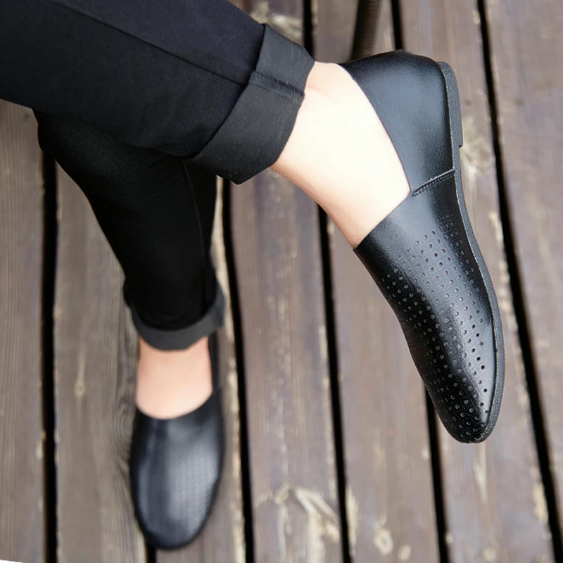 Лоферы мужские из натуральной кожи дышащие без застежки удобная деловая обувь