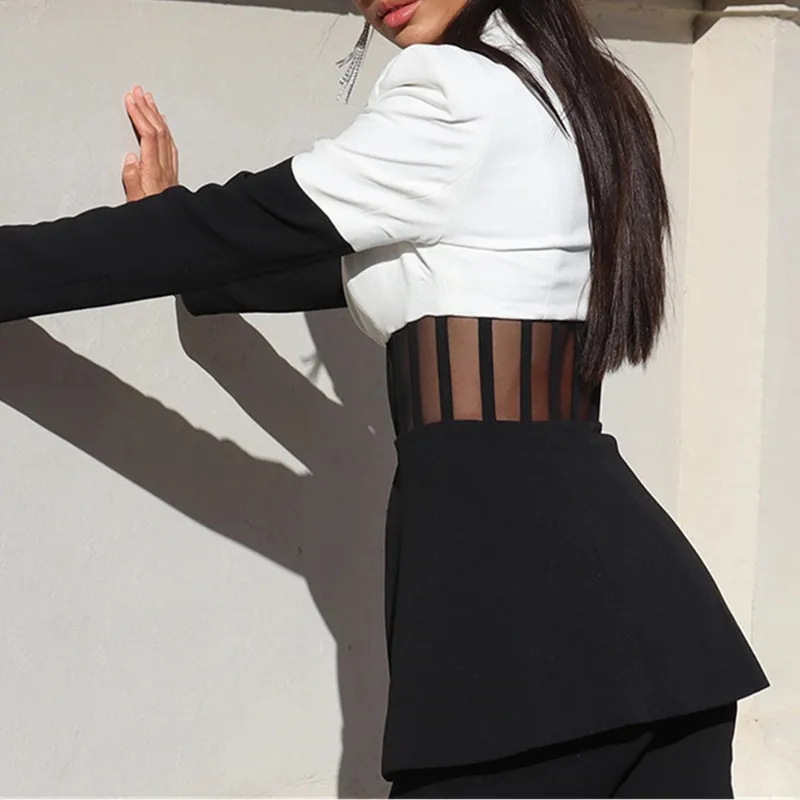 

Deep V Neck Sexy Blazer Women Autumn Coat Long Sleeve White Mesh Patchwork Office Ladies Blazer Femme Women's Jacket