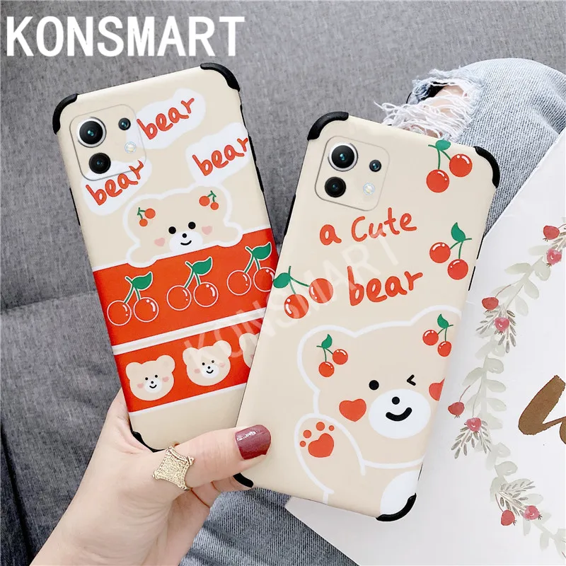 

KONSMART Phone Case For Xiaomi Mi 11 Lite Cartoon Cute Bear Cover 2021 Case Cherry Silicone Bumper Back Cover Fundas