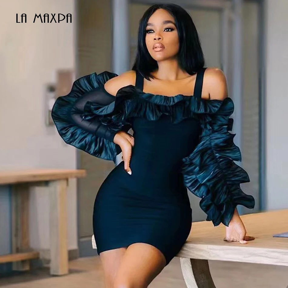 Черное платье без бретелек с длинным рукавом сексуальное Клубное Бандажное