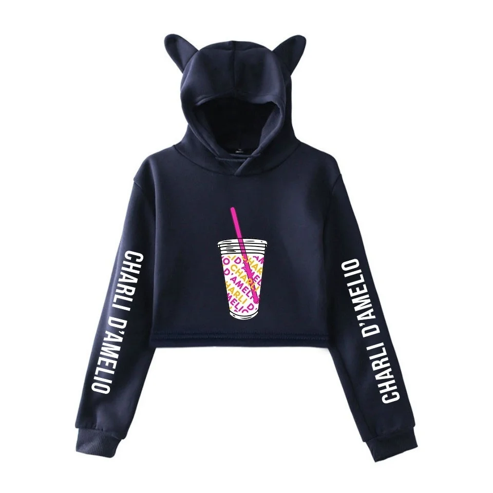 Charli Damelio Hoodies For Girls Funny Cat Ears Crop Tops Women Sweatshirts Tracksuit Coat Ice Coffee Splatter Female Pullovers