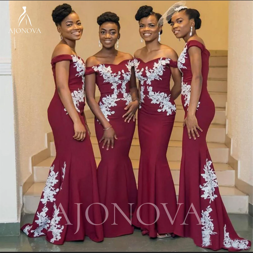 

Burgundy Satin Bridesmaid Dresses for Bridesmaids Mermaid Bride Dress Party White Appliques Wedding Guest Dresses for Women Long