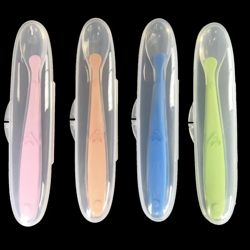 Cuchara de alimentaci&oacute;n para beb&eacute; con caja de almacenamiento, cucharilla antideslizante de entrenamiento para beb&eacute;, cucharilla de silicona de grado alimenticio, vajilla de alimentaci&oacute;n para beb&eacute;, 1 ud.-3