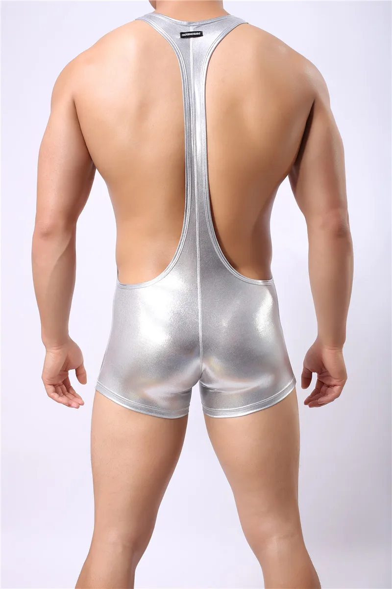 Sexy Men Boxers Imitation Leather Underwear One-piece Sleeveless Wrestling Singlet Boxer Tight Bodysuit Hombre Underwear