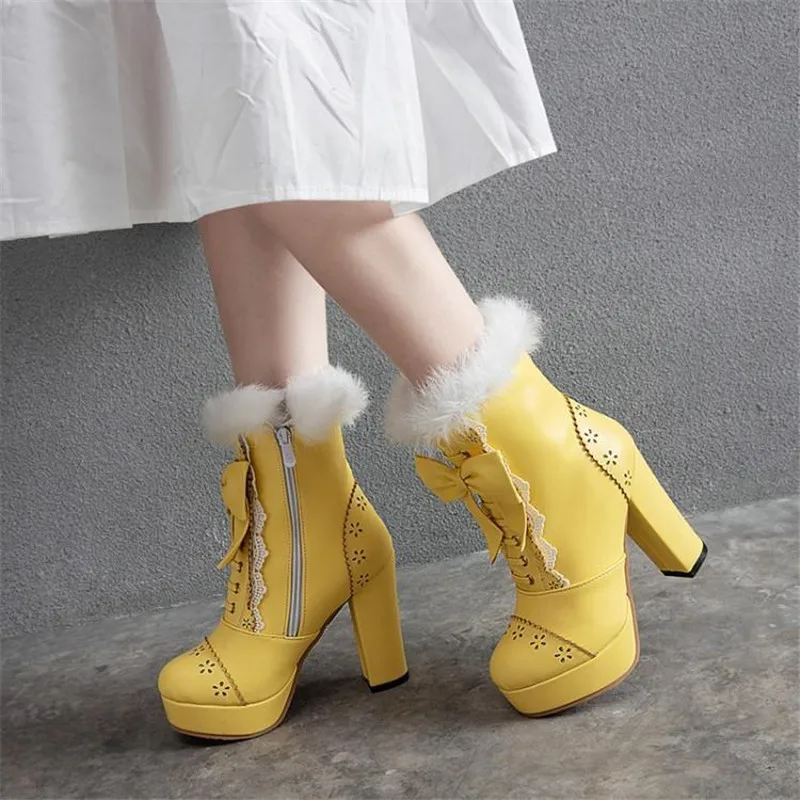 

Sweet Bow Fur Women Lady Platform High Heel Snow Boots Big Size 34-48 Autumn Winter New Fashion Women Ankle Booties Lolita Shoes