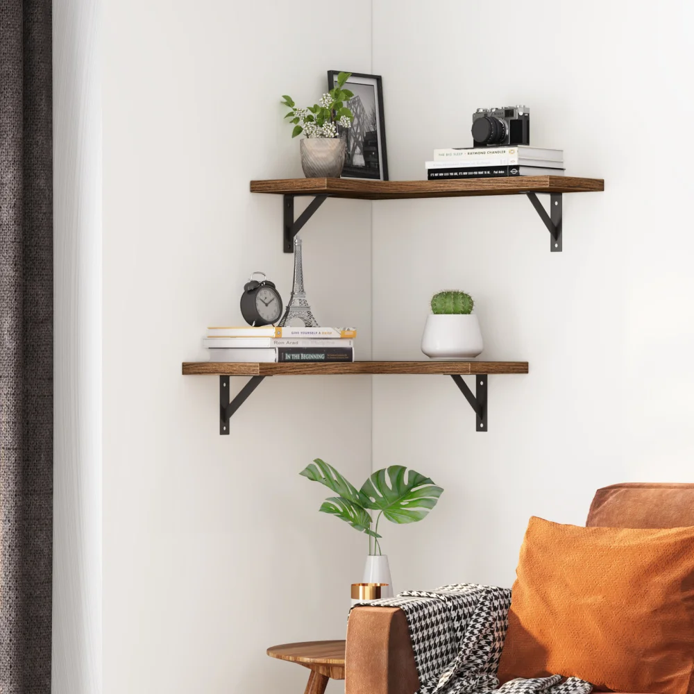 

HOMEMAXS 2 Tiers Shaped Corner Shelf Wall Mount Floating Shelf Photo Display Storage Rack Daily Items Organizer (Rustic Brown)