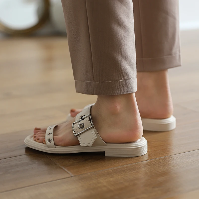 

New Fashion Genuine Leather Women Shoes Casual Metal Belt Buckle Women Sandals Flat with Handmade Slippers Size 34-40