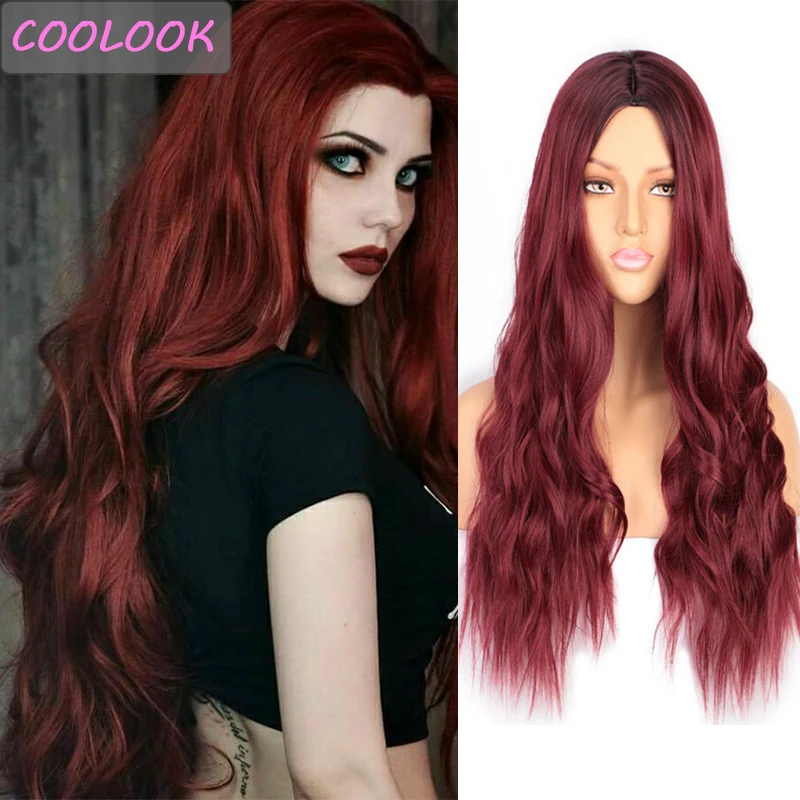 

24inch Long Wavy Wigs for Women Synthetic Ombre Burgundy Purple Wave Wig Middle Part Heat Resistant Fibre False Hair Cosplay Wig