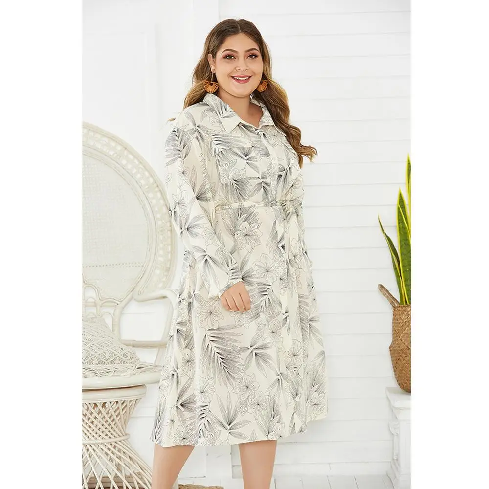 

DOIB Plus Size Dresses Floral Print White Large Size Dresses 2020 Summer Elegent Bobycon Oversize Dress XL 2XL 3XL 4XL