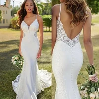 sexy v neck mermaid wedding dress lace 2022 sleeveless spaghetti straps bridal gown with train button backless robe de mari%c3%a9e