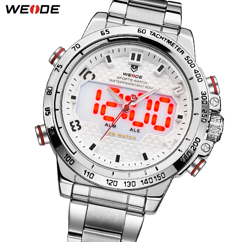 WEIDE Часы мужские LED Аналоговый двойной Дисплей сигнализации назад легкие спортивные Военное Дело часы большой циферблат Нержавеющая сталь ремешок кварцевые часы