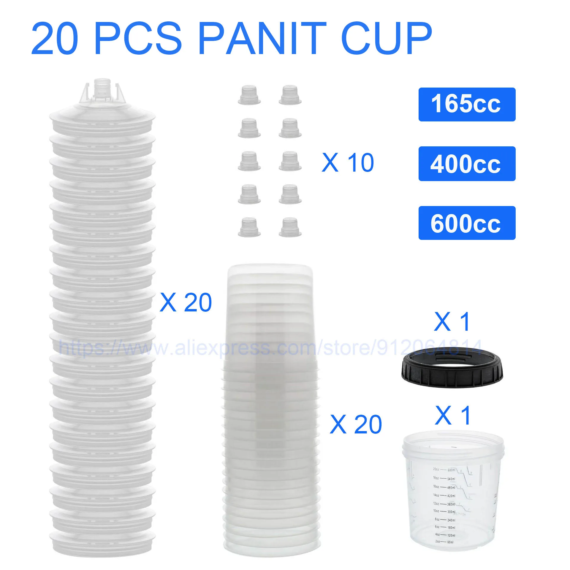 20pcs Paint Adapter Spray Gun Paint Mixing Cup Spray Gun Tank No Clea Tank 165/400/600ml Disposable Paint Cup Type H/O Quick Cup