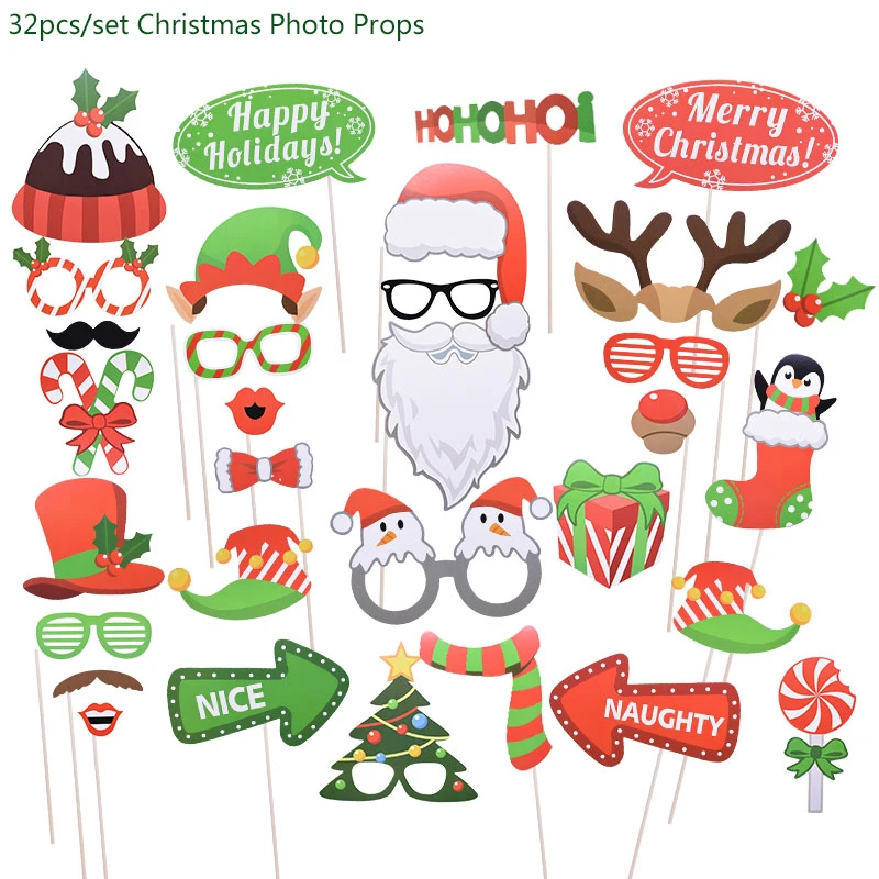 32pcs Photo Props Рождественская вечеринка Декор одноразовые столовые приборы бумажные тарелки и стаканы соломинки Баннер Дети День рождения Рождество детский душ Декор - Цвет: 32pcs Photo Props