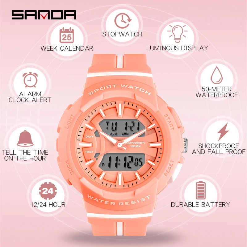 Цифровые спортивные часы Sanda водонепроницаемые ударные цветные деловые мужские